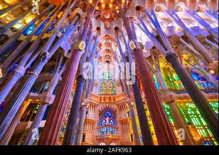 Barcelona, Spain - June 15, 2019 - The interior of the main chapel of the Sagrada Familia which began construction in 1882. Stock Photo