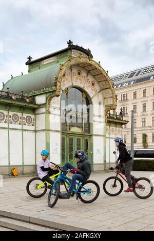 Vienna children riding bicycles in the city centre, Vienna Austria Europe Stock Photo