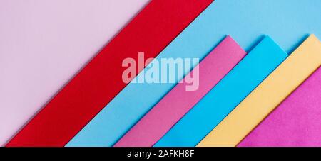 Trendy pastel colors in geometry shape flat lay. Colorful rainbow paper creative linear background. Abstract minimal vivid art design. Stock Photo