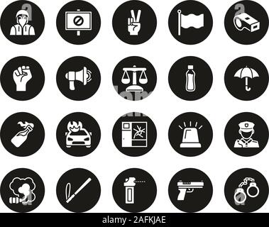 Demonstration Or Protest Icons White On Black Circle Set Big Stock Vector