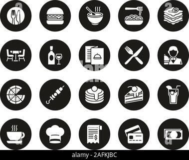 Dinner At Restaurant Icons White On Black Circle Set Big Stock Vector