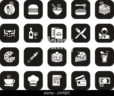 Dinner At Restaurant Icons White On Black Set Big Stock Vector