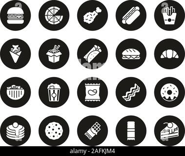 Fast Food Or Junk Food Icons White On Black Circle Set Big Stock Vector