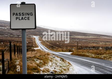 Amulree, Perthshire, Scotland, UK. 16th Dec 2019. Passing place on single-track U173 Kenmore to Amulree road seen during a wintry snow fall today. Police and Perth and Kinross Council plan to close a five-mile long stretch of the scenic road through Glen Quaich for 17 weeks from 23 Dec 2019 because it is too dangerous in snow and ice. The road through Glen Quaich is regarded as one of the most picturesque, and dangerous, in Perthshire. Iain Masterton/Alamy Live News Stock Photo