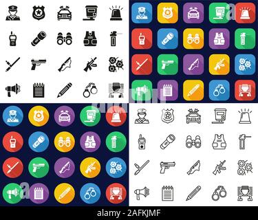 Police Highway Patrol Icons -Black & White-Color Flat Design-Thin Line- Set Stock Vector