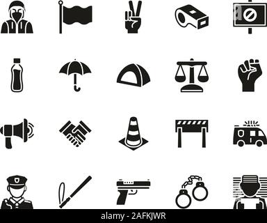 Peaceful Protest Or Demonstration Icons Black & White Set Big Stock Vector