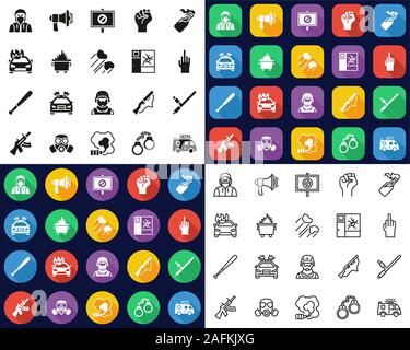 Riot or Public Disturbance Icons -Black & White-Color Flat Design-Thin Line- Set Stock Vector