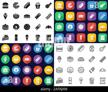 Snack Or Junk Food Icons -Black & White-Color Flat Design-Thin Line- Set Stock Vector