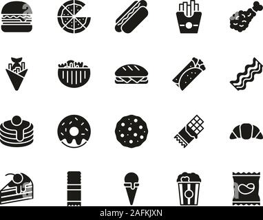 Snack Or Junk Food Icons Black & White Set Big Stock Vector