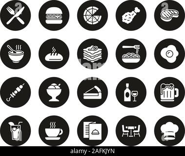 Lunch Icons White On Black Circle Set Big Stock Vector