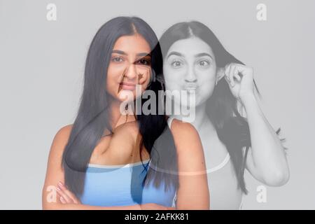 Composite Concept Image Showing Contrasting Emotions On Face Of Young Woman Using Social Media Stock Photo