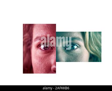 Composite Concept Image Showing Detail Of Face Of Young Woman Suffering With Social Anxiety Stock Photo
