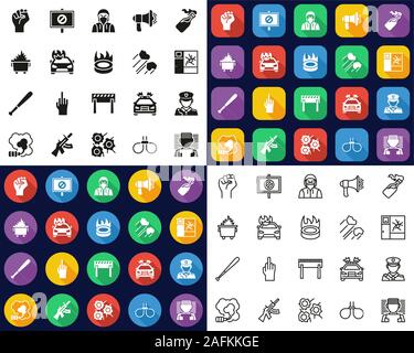 Violent Protest Or Demonstration Icons -Black & White-Color Flat Design-Thin Line- Set Stock Vector