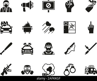 Riot or Public Disturbance Icons Black White Set Big Stock Vector