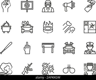 Violent Protest Or Demonstration Icons Thin Line Set Big Stock Vector
