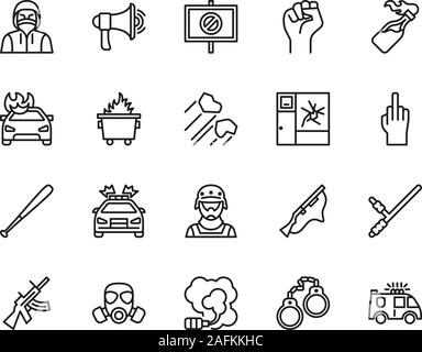 Riot or Public Disturbance Icons -Black & White-Color Flat Design-Thin ...