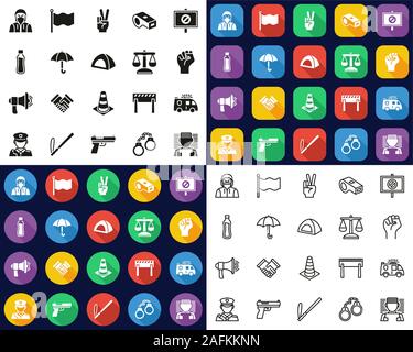 Peaceful Protest Or Demonstration Icons -Black & White-Color Flat Design-Thin Line- Set Stock Vector