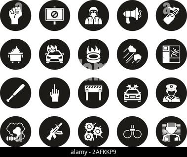 Violent Protest Or Demonstration Icons White On Black Circle Set Big Stock Vector