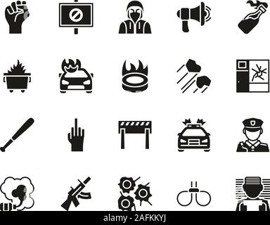 Violent Protest Or Demonstration Icons Black & White Set Big Stock Vector