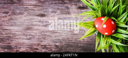 Top view of red easter egg in grass nest on vintage wooden background. Easter holiday layout design. Stock Photo