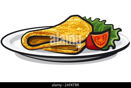 illustration of the omelette on the plate with salad Stock Vector