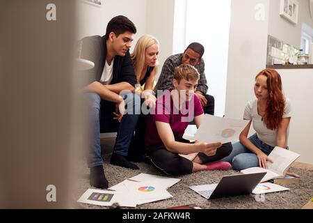 Group Of College Students In Lounge Of Shared House Studying Together Stock Photo