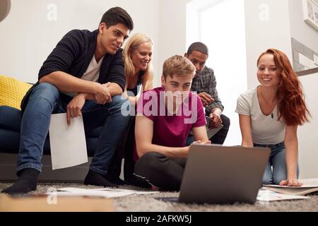 Group Of College Students In Lounge Of Shared House Studying Together Stock Photo