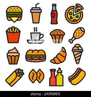 illustration of set fast food icons and signs black and white Stock Vector