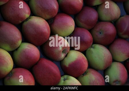 A selection of red apples on sale in box outside at a greengrocers Stock Photo