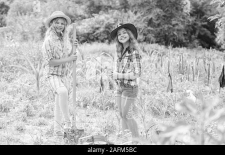 Sisters together helping at farm. Girls planting plants. Rustic children working in garden. Planting and watering. Planting vegetables. Agriculture concept. Growing vegetables. Hope for nice harvest. Stock Photo