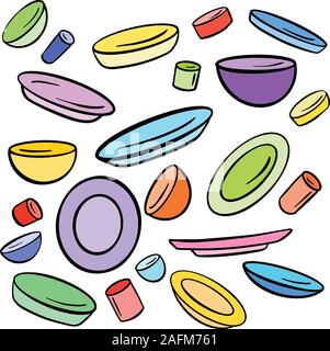 Collection of Cartoon Plates and Cups and Mugs and Dishes Cartoon Vector Illustrations Stock Vector