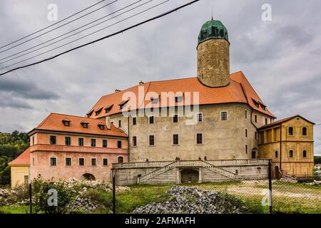 Liba / Czech Republic - September 13 2019: View of newly reconstructed castle at Liba from 13th century with new red roof and a new facade. Stock Photo