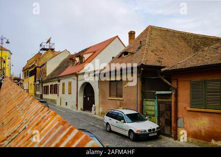 Sibiu, Romania, May 15, 2019 Cityscape with old house of historical center Stock Photo