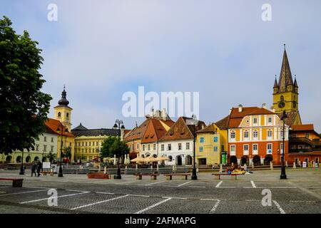 Sibiu, Romania, May 15, 2019 Cityscape with old house of historical center Stock Photo