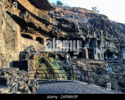 Ajanta Caves are 30 rock-cut Buddhist cave monuments from the 2nd century BCE to about 480 CE in the Aurangabad district of Maharashtra state of India. Stock Photo