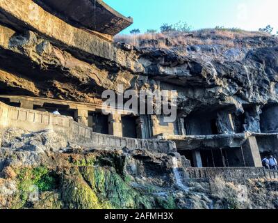 Ajanta Caves are 30 rock-cut Buddhist cave monuments from the 2nd century BCE to about 480 CE in the Aurangabad district of Maharashtra state of India. Stock Photo