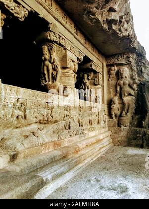 Ajanta Caves are 30 rock-cut Buddhist cave monuments from the 2nd century BCE to about 480 CE in the Aurangabad district of Maharashtra state of India. Stock Photo