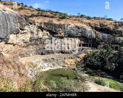 Ajanta Caves are 30 rock-cut Buddhist cave monuments from the 2nd century BCE to about 480 CE in the Aurangabad district of Maharashtra state of India. Stock Photo