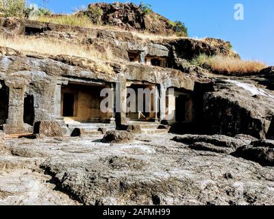 Ajanta Caves are 30 rock-cut Buddhist cave monuments from the 2nd century BCE to about 480 CE in the Aurangabad district of Maharashtra state of India. Stock Photo