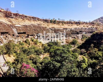 Ajanta Caves are 30 rock-cut Buddhist cave monuments from the 2nd century BCE to about 480 CE in the Aurangabad district of Maharashtra state of India. Stock Photo