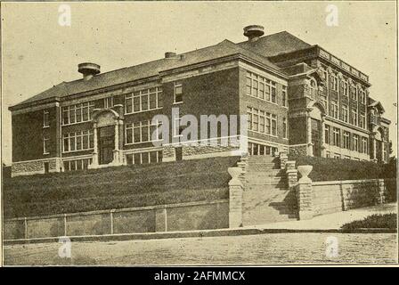 . School buildings, school grounds, and their improvement. Kansas, 1911. h-school work exclusively, without change or ad-dition, except in the furniture. The floors and stairways are of reenforced concrete. Hardwood floorsare placed over the concrete in rooms in which seats are permanentlyfastened. An assembly room for over 300, and an auditorium seating over 900,are valuable features. Eight rooms have electrical plugs for the stereopticon. Three standpipes with eleven fire-hose connections add to the securityagainst fire. Four stairways and two fire escapes provide exit from the secondfloor. Stock Photo