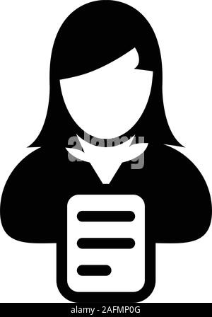 Document icon vector female person profile avatar with content symbol for business in a glyph pictogram illustration Stock Vector