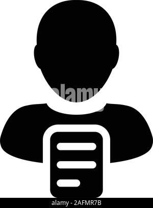 Resume icon vector male person profile avatar with document symbol for business in a glyph pictogram illustration Stock Vector