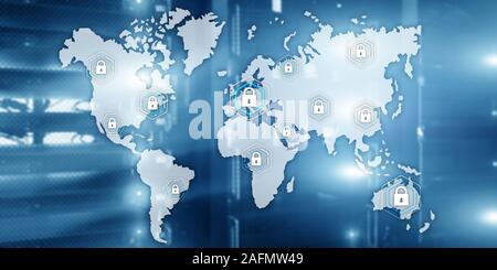 Global cyber security concept communication privacy data protection server room background. Stock Photo