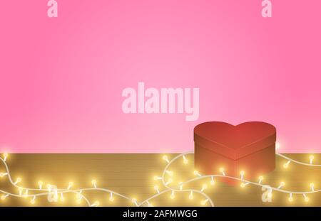 Heart shape box and glowing light on wooden table with pink background and space. 3d illustration of love. Valentine's day concept. Stock Vector