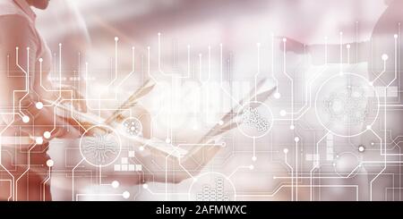 Electronic circuit board processor and gears on abstract business background Stock Photo