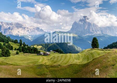 Hiking through the beautiful green meadows and a hut at the amazing Val Gardena valley in Dolomites mountains, Alps, Italy. Stock Photo