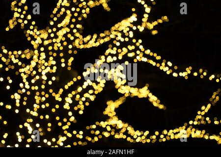 Abstract background yellow golden bokeh lights, branches of a tree in winter, warm feeling, warmth, celebration, magic dream Stock Photo