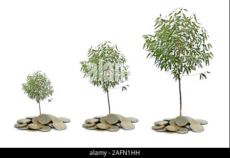 Three trees growing from pile of coins Stock Photo