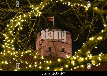 Beautiful tree decorated with Christmas lights in front of National Museum of Lithuania and Gediminas castle on the background Stock Photo